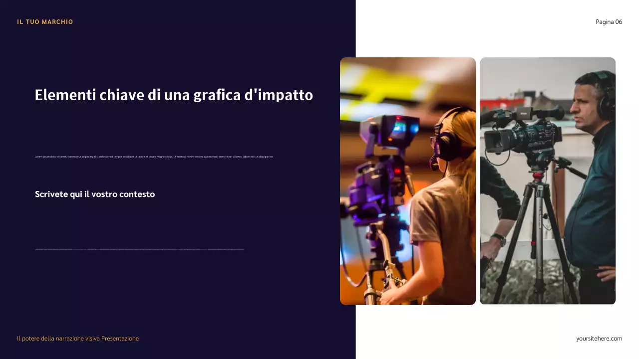 Presentazione narrativa con illustrazioni blu, rosse e arancioni