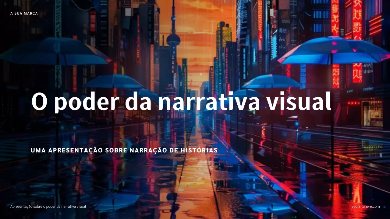 Apresentação de narrativa com ilustração em azul, vermelho e laranja