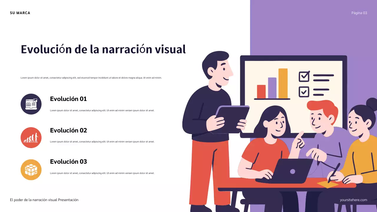 Presentación de narración de historias con ilustración azul, roja y naranja