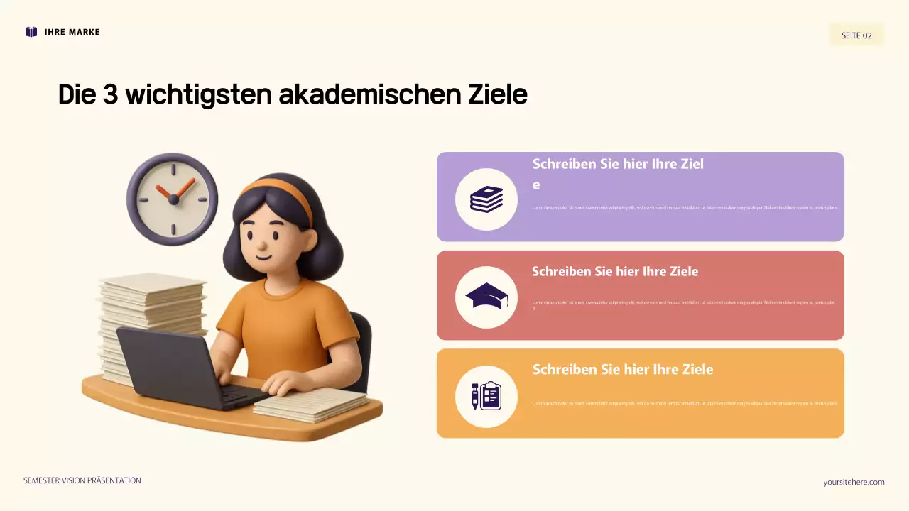 Lila und orange 3D-Illustration persönlicher Ziele Präsentation