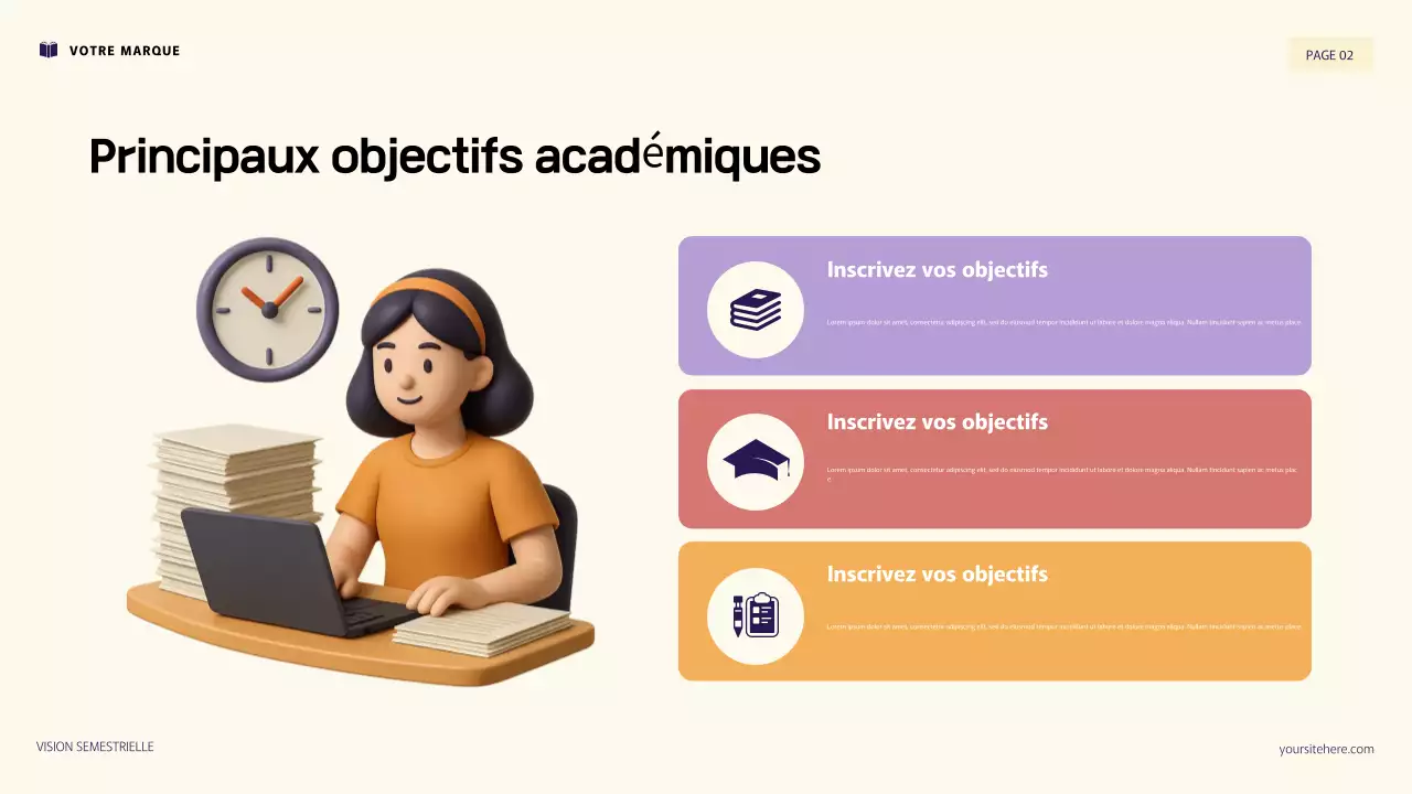 Illustration 3D violette et orange : présentation des objectifs personnels