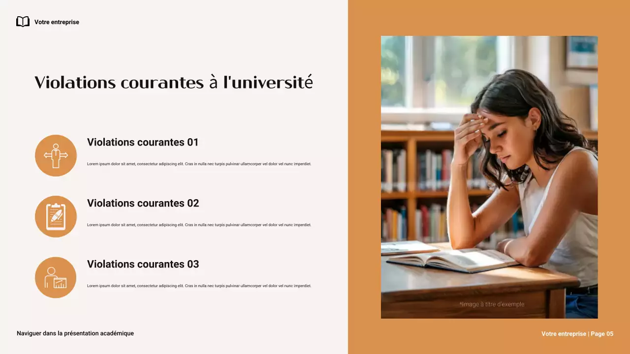 Présentation minimaliste marron et orange sur la navigation dans l'intégrité académique à l'université