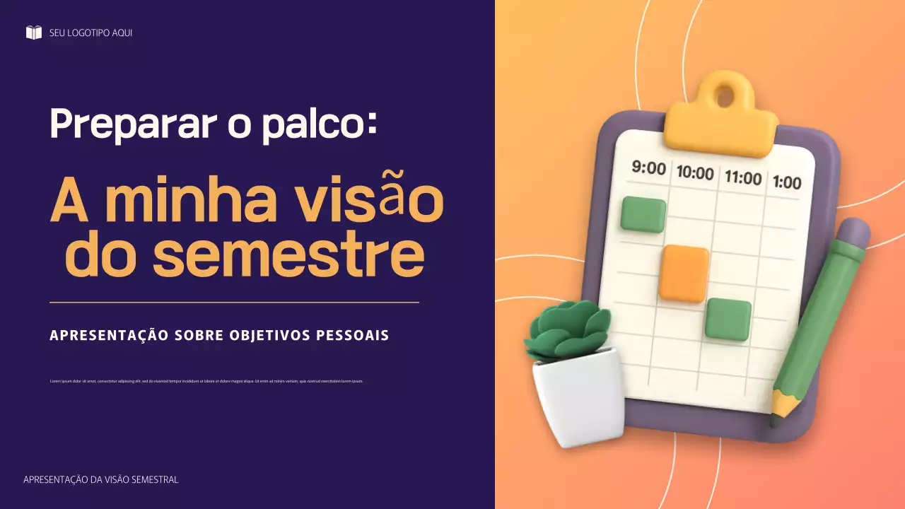 Apresentação de Metas Pessoais com Ilustração 3D Roxa e Laranja