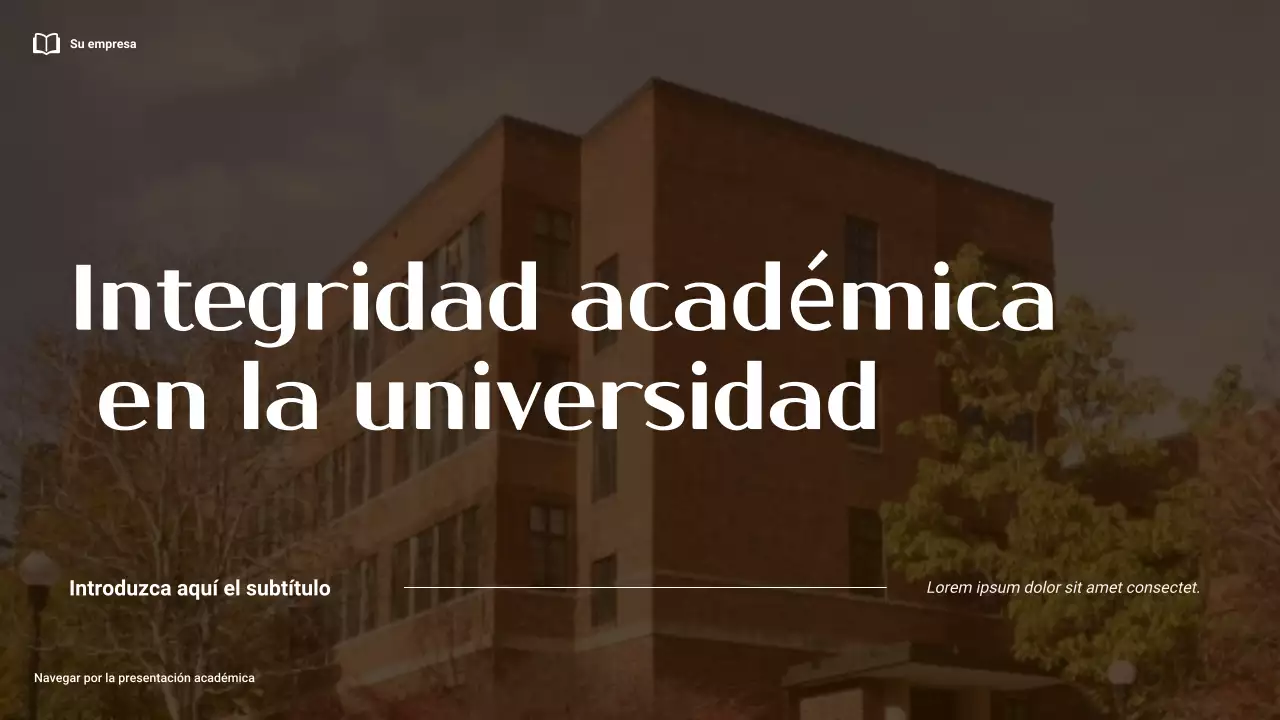 Presentación minimalista en marrón y naranja sobre la integridad académica en la universidad