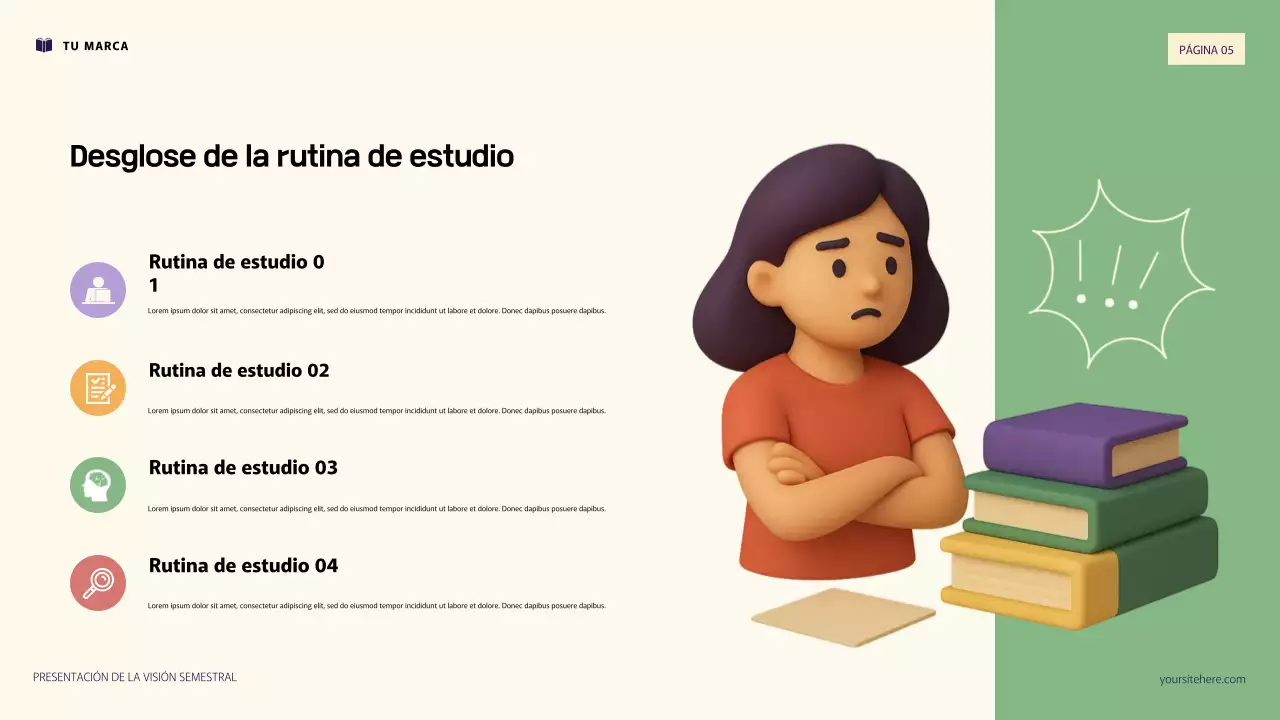 Presentación de objetivos personales con ilustración 3D en morado y naranja