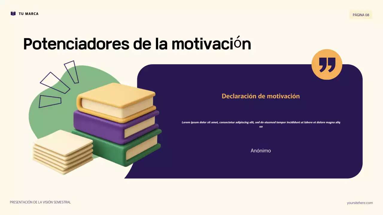 Presentación de objetivos personales con ilustración 3D en morado y naranja