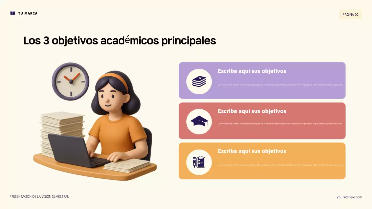 Presentación de objetivos personales con ilustración 3D en morado y naranja