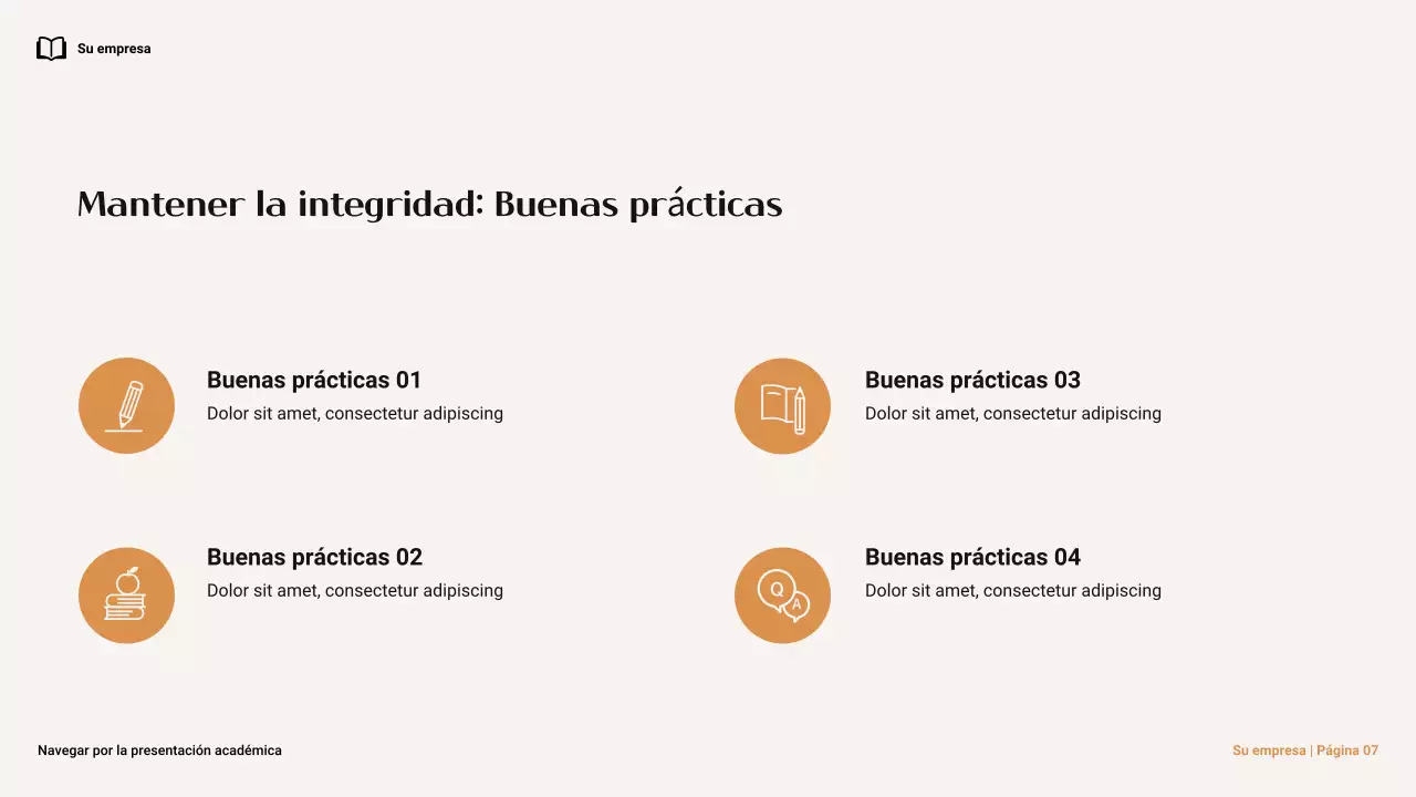 Presentación minimalista en marrón y naranja sobre la integridad académica en la universidad