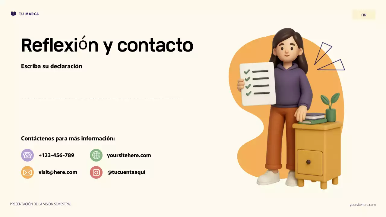 Presentación de objetivos personales con ilustración 3D en morado y naranja