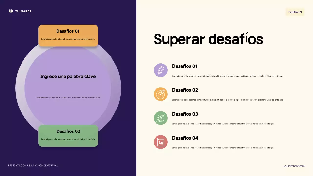 Presentación de objetivos personales con ilustración 3D en morado y naranja