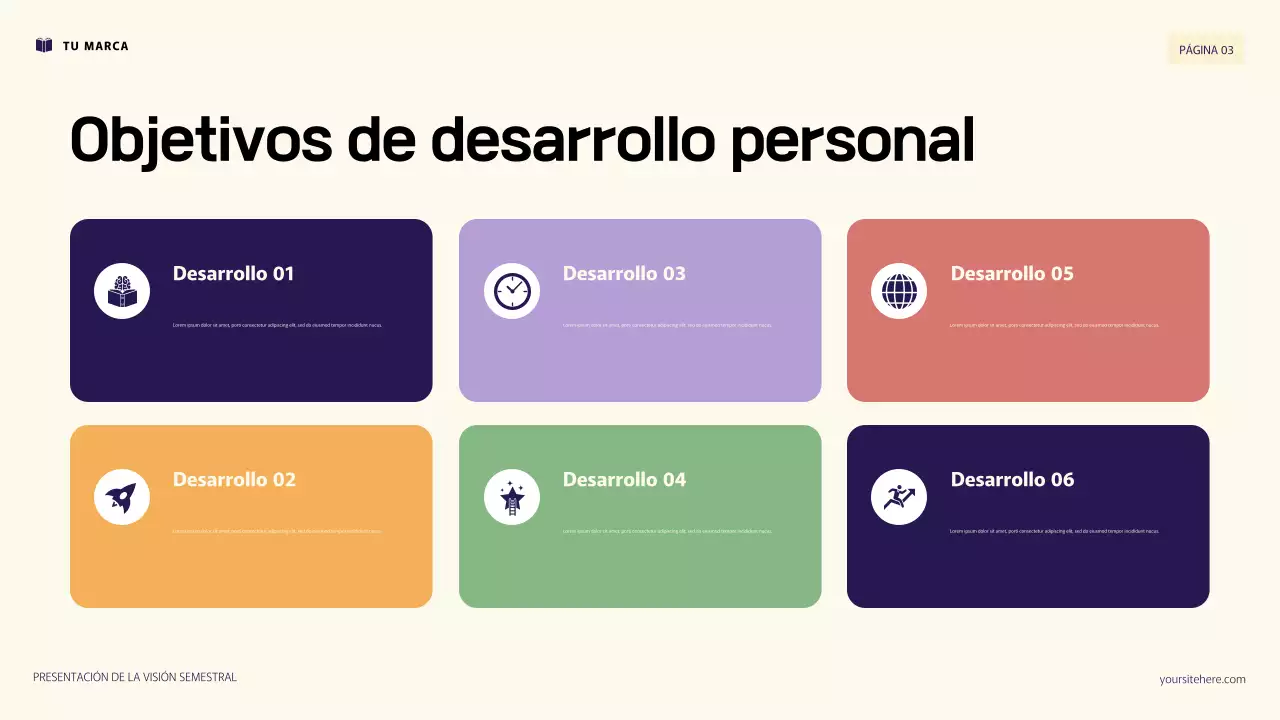 Presentación de objetivos personales con ilustración 3D en morado y naranja