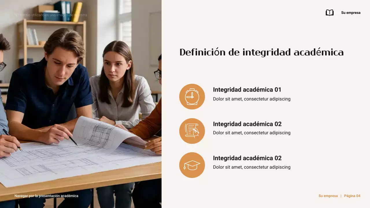Presentación minimalista en marrón y naranja sobre la integridad académica en la universidad