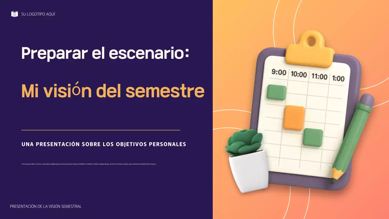 Presentación de objetivos personales con ilustración 3D en morado y naranja