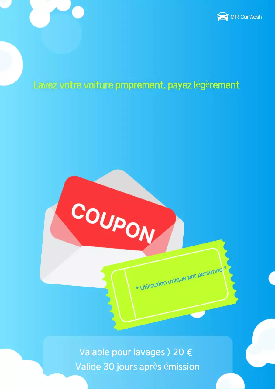 Coupon de lavage de voiture Sky Blue Clean