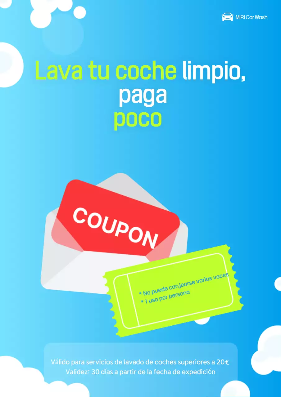 Cupón de lavado de autos Sky Blue Clean