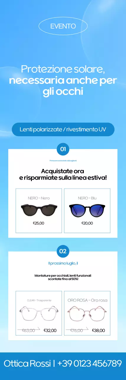 Pubblicità di occhiali moderni blu cielo