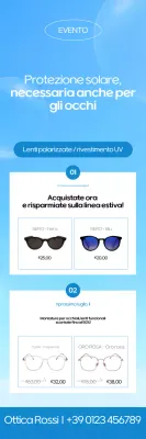 Pubblicità di occhiali moderni blu cielo