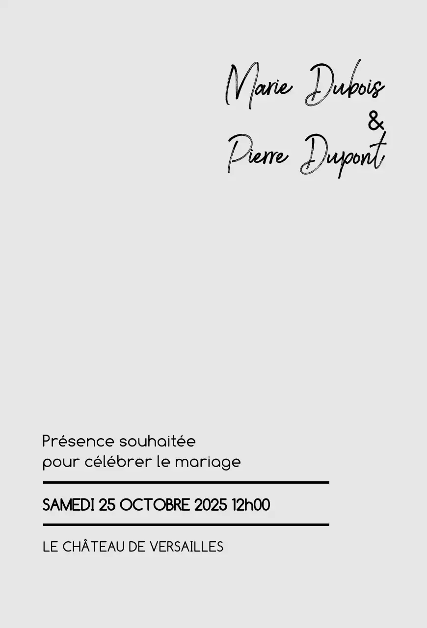 Invitation de mariage élégante en noir et blanc