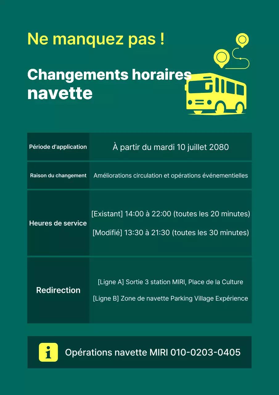 Avis de modification des horaires de la navette Green Simple