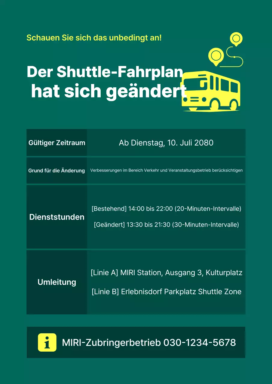 Hinweis zur Fahrplanänderung des Green Simple Shuttle-Busses
