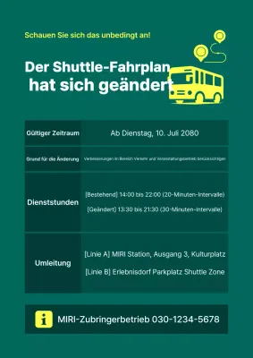 Hinweis zur Fahrplanänderung des Green Simple Shuttle-Busses