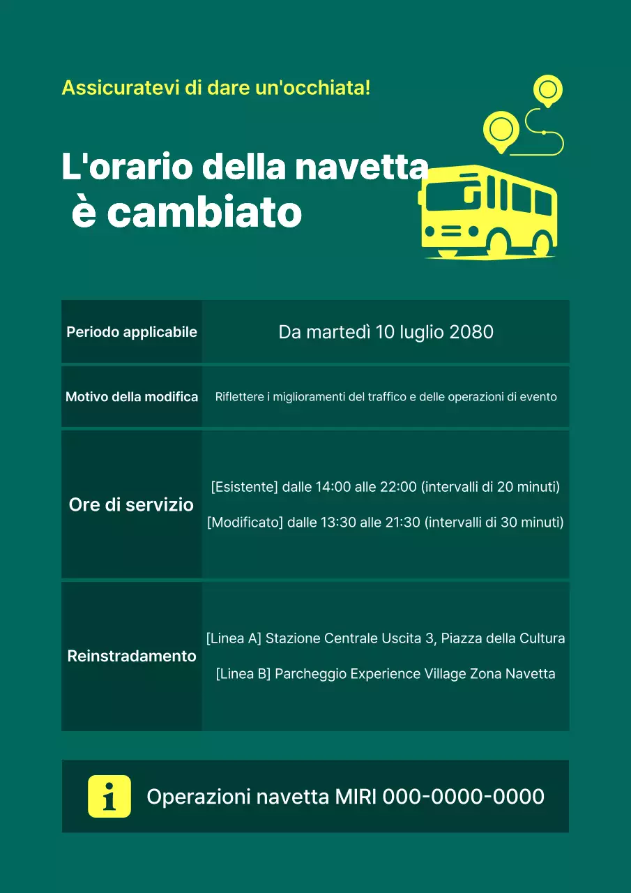 Avviso di modifica dell'orario del bus navetta Green Simple