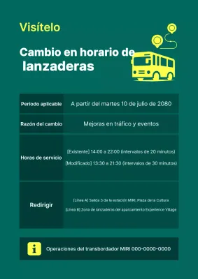 Aviso de cambio de horario del autobús lanzadera Green Simple