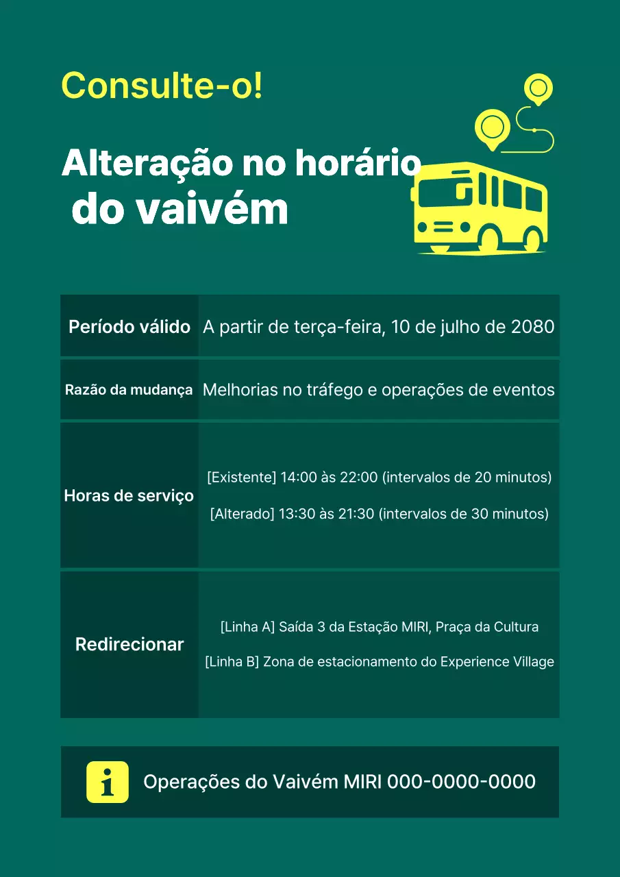 Aviso de alteração no horário do ônibus Green Simple Shuttle