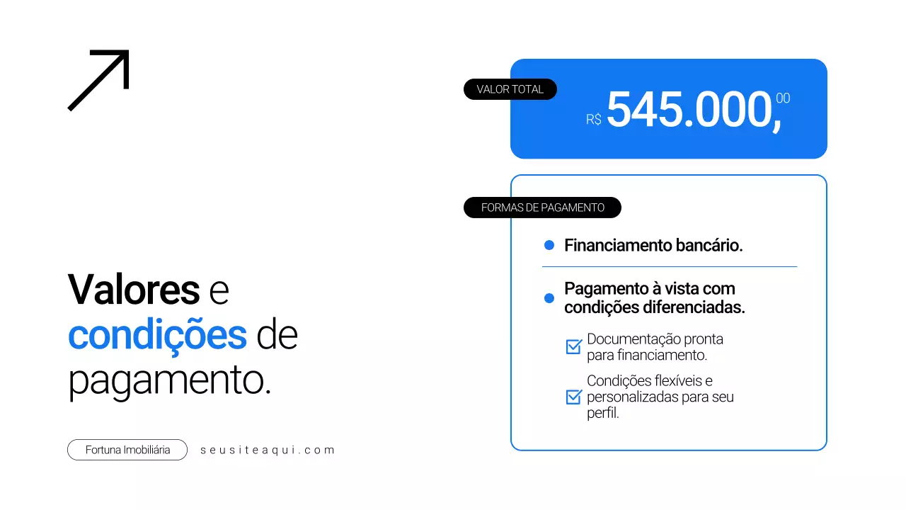Apresentação de imóvel minimalista em azul e branco para venda