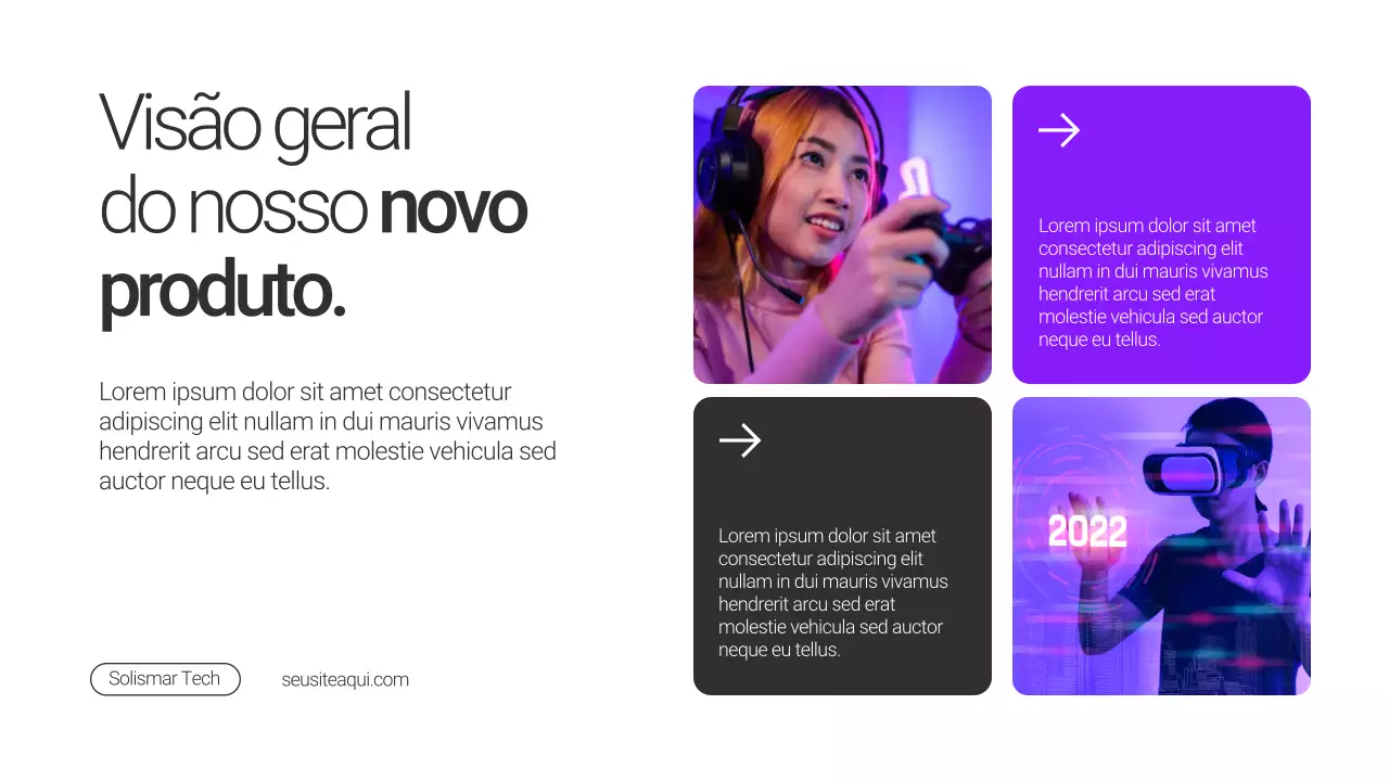 Apresentação de lançamento de produto minimalista em roxo e preto