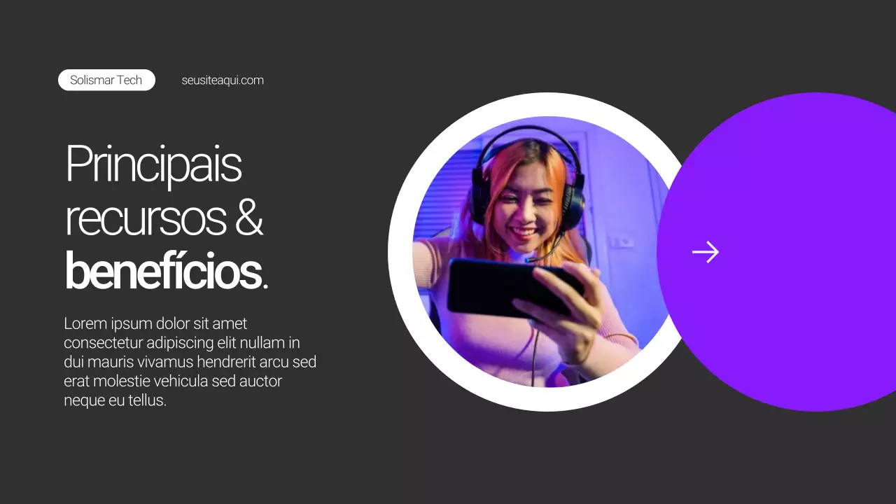 Apresentação de lançamento de produto minimalista em roxo e preto