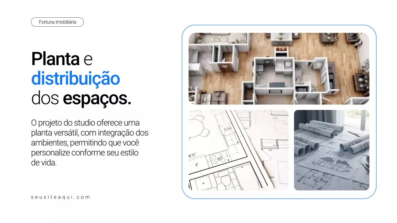 Apresentação de imóvel minimalista em azul e branco para venda