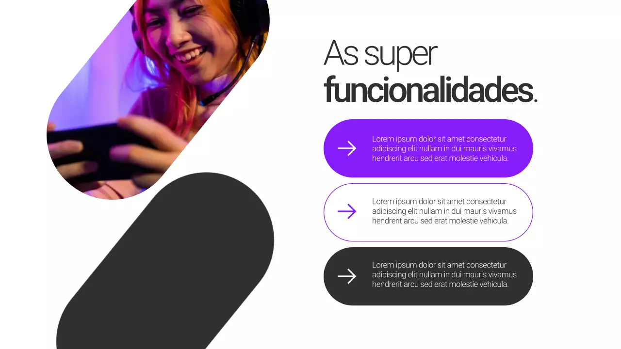 Apresentação de lançamento de produto minimalista em roxo e preto