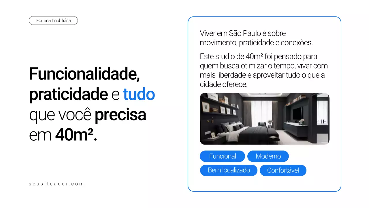Apresentação de imóvel minimalista em azul e branco para venda