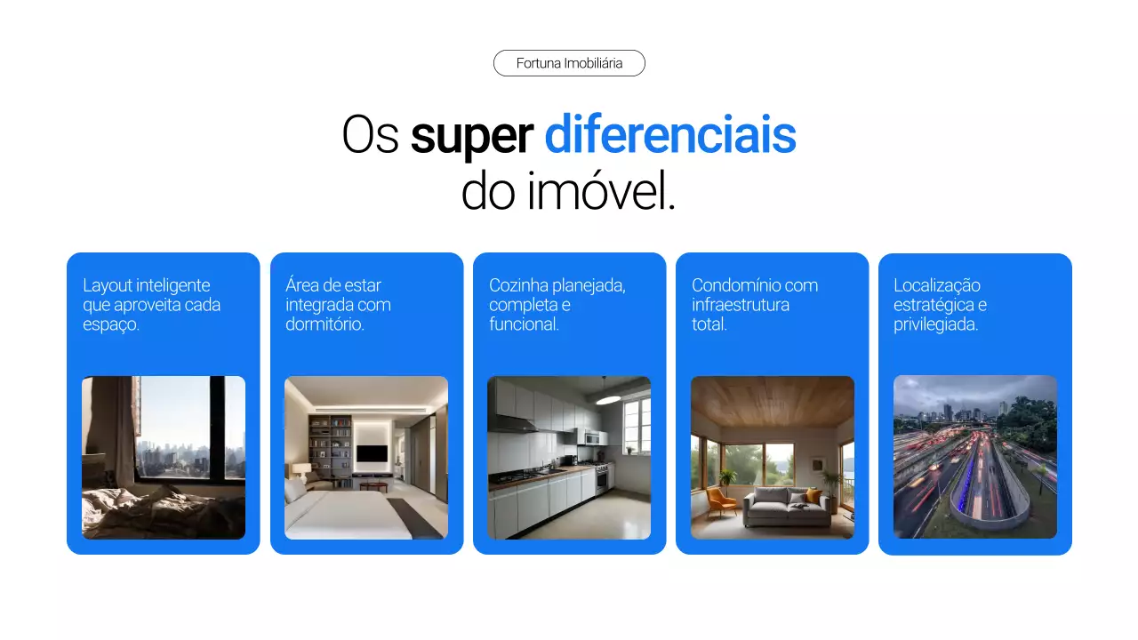 Apresentação de imóvel minimalista em azul e branco para venda