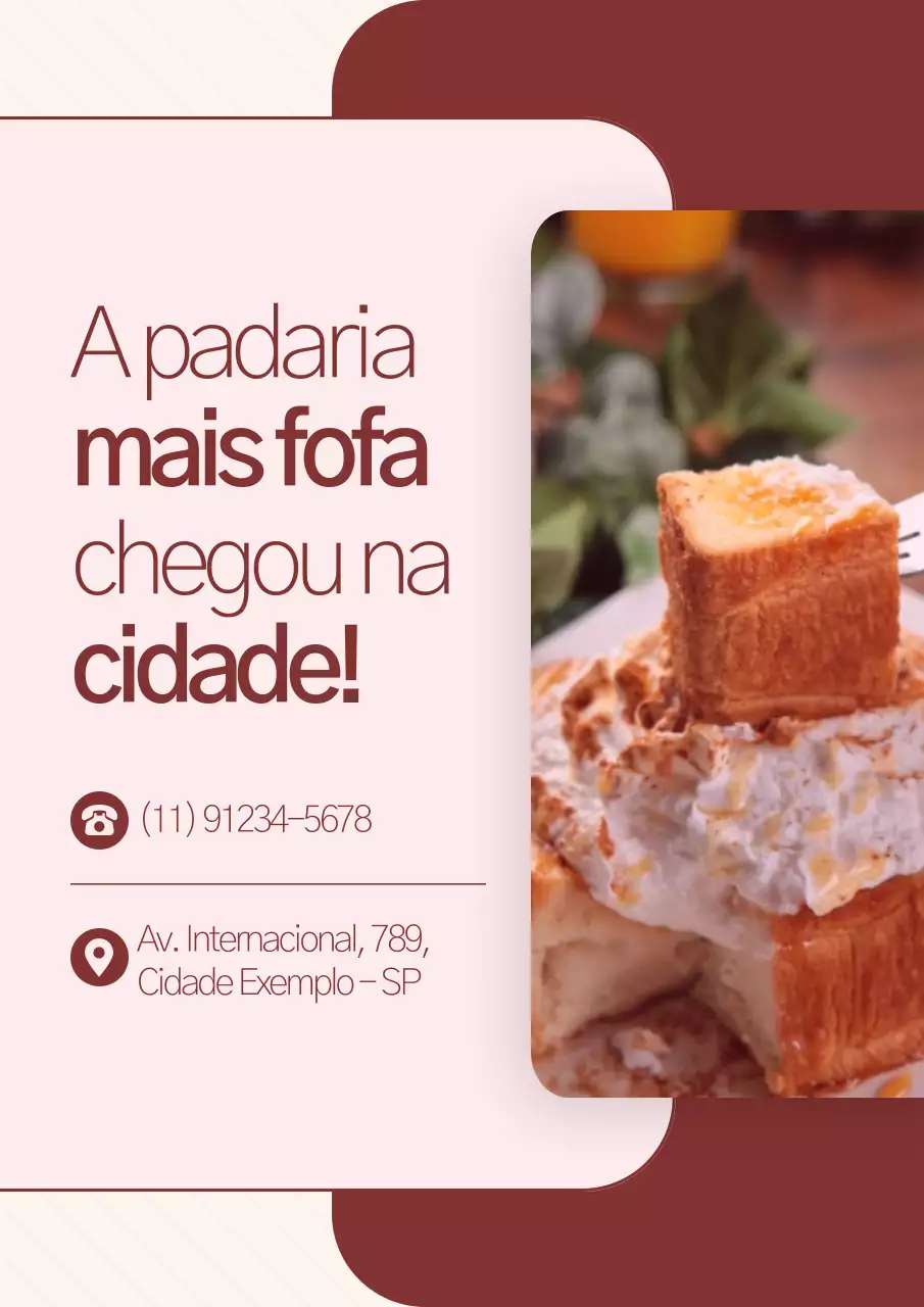 Cartaz de inauguração da grande padaria rosa e vermelha