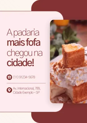 Cartaz de inauguração da grande padaria rosa e vermelha