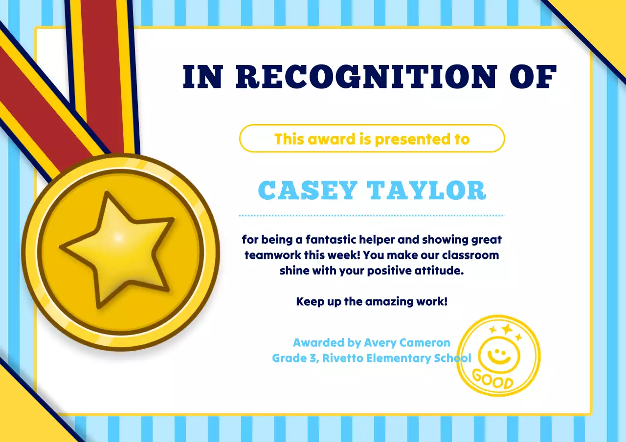 Gold and White Cute Student Certificate Poster