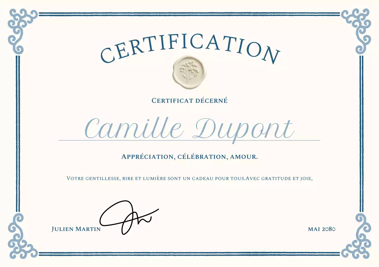 Affiche de certificat d'appréciation Blue Classic