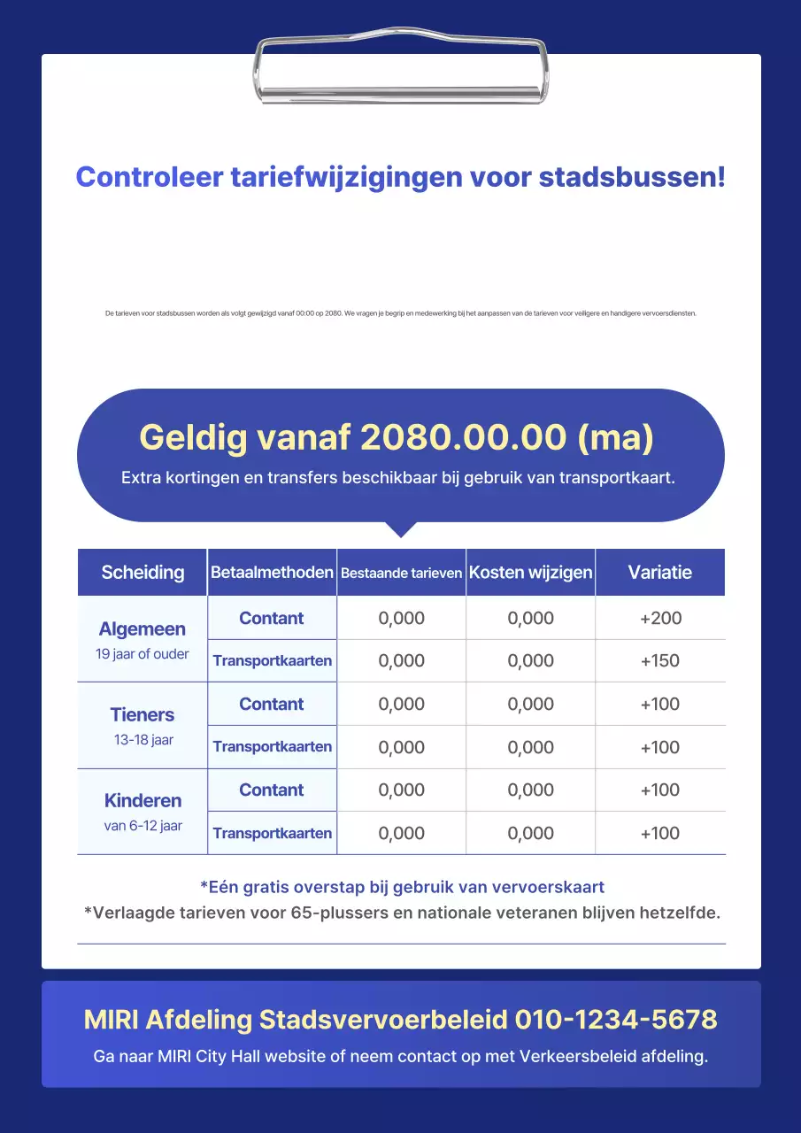 Blauwe eenvoudige vervoerstariefgids