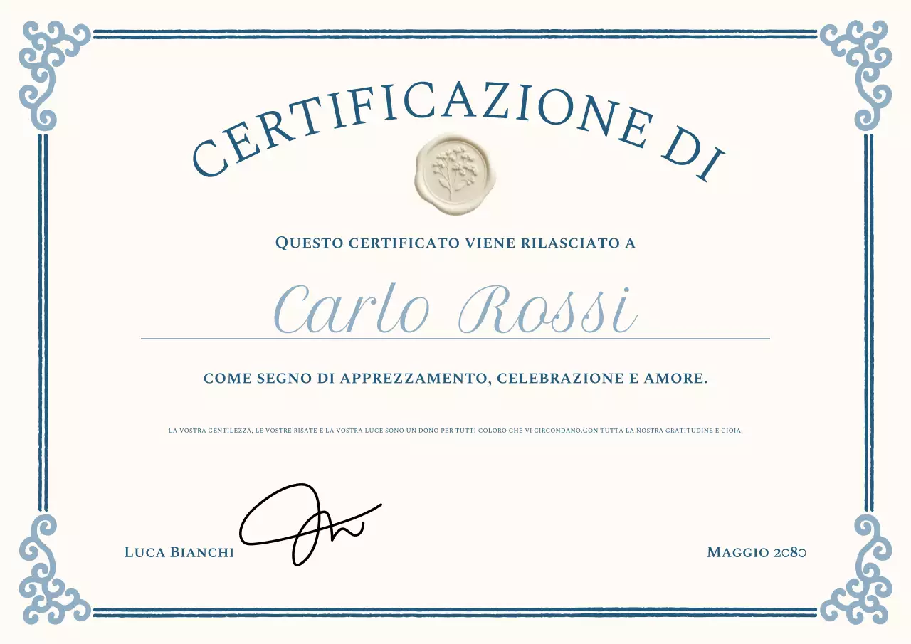 Poster del certificato di apprezzamento Blue Classic