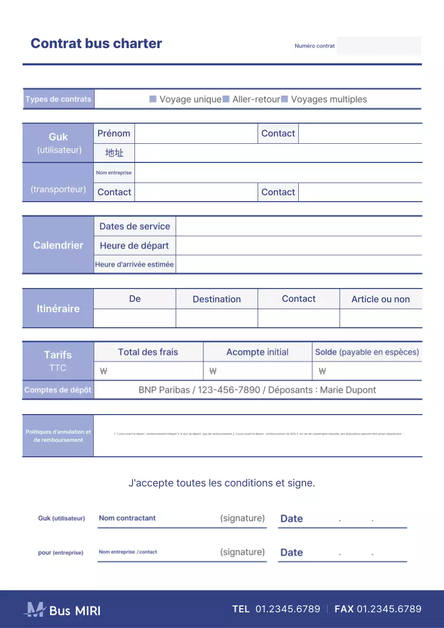 Description du contrat de location de bus propre en bleu et lavande
