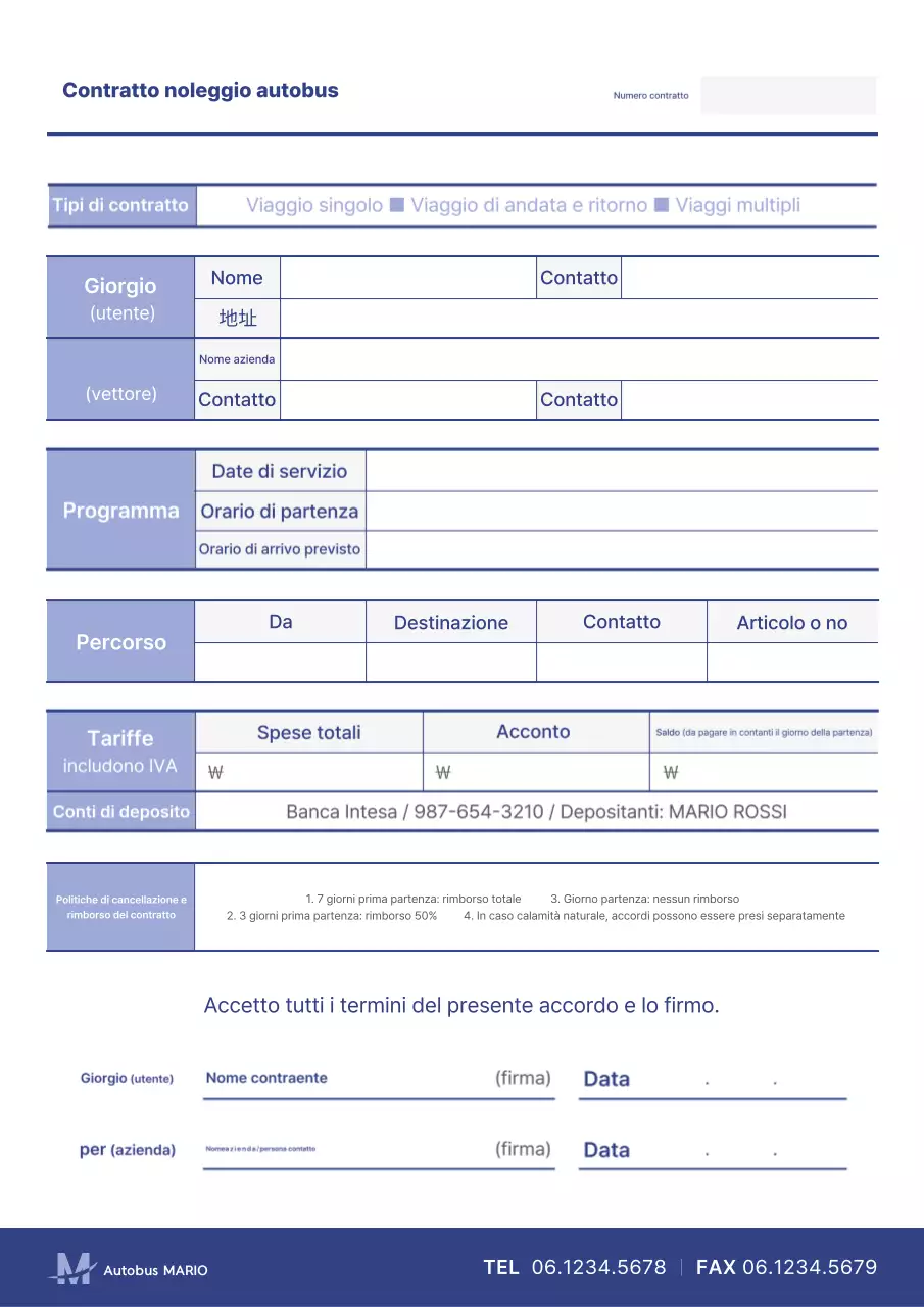 Descrizione del contratto di noleggio autobus pulito in blu e lavanda