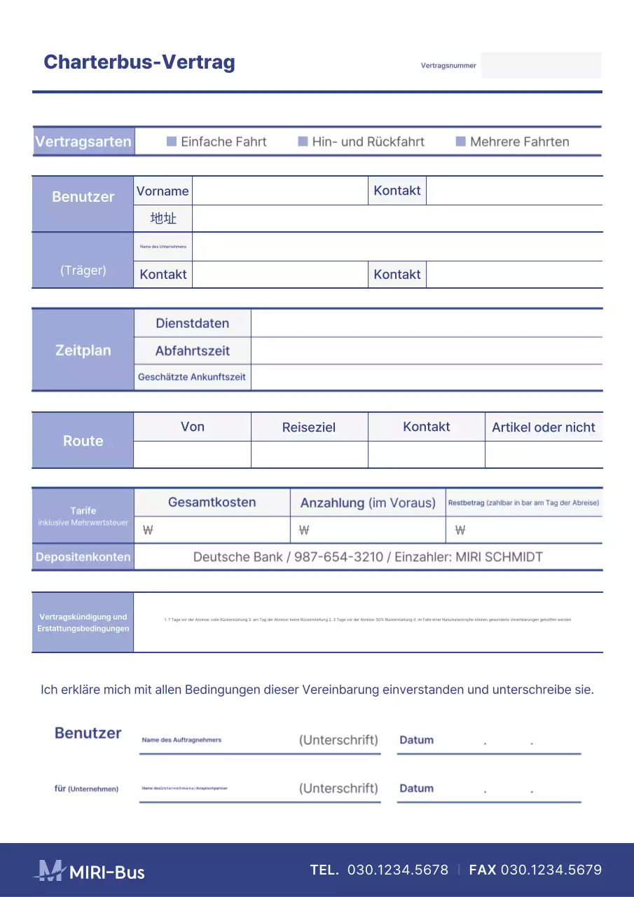 Beschreibung des sauberen Charterbusvertrags in Blau und Lavendel