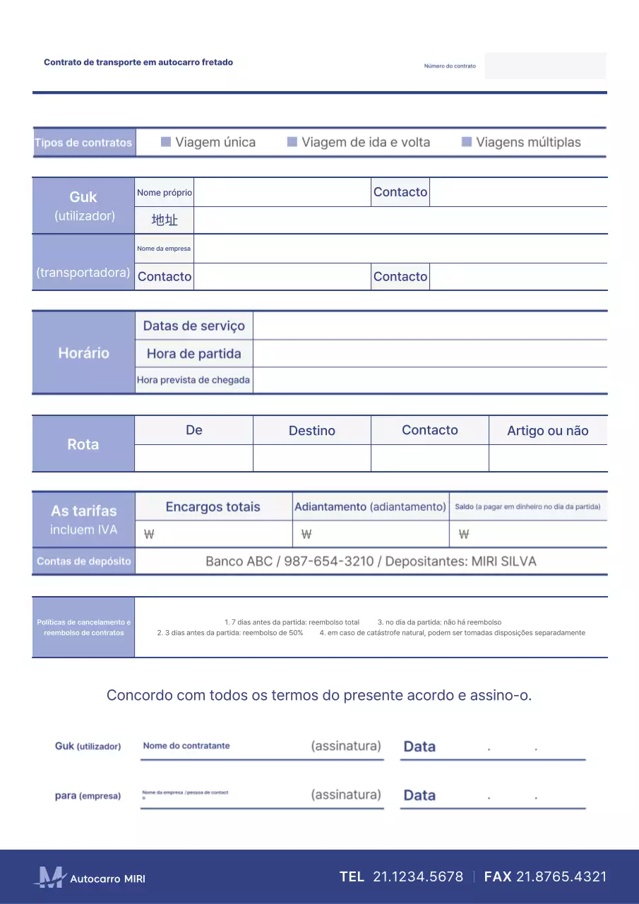 Descrição do contrato de fretamento de ônibus limpo em azul e lilás