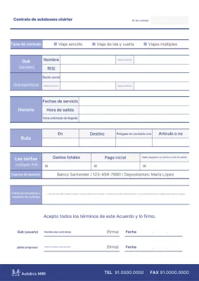 Descripción del contrato de alquiler de autobús limpio en azul y lavanda
