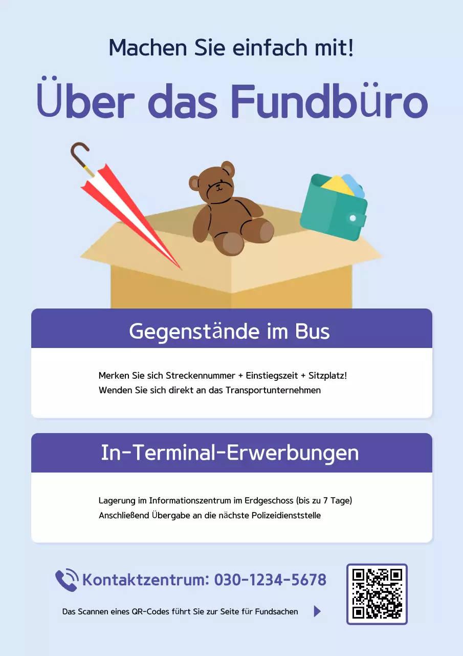 Ein einfacher blau-marineblauer Leitfaden für das Fundbüro im Intercity-Busterminal