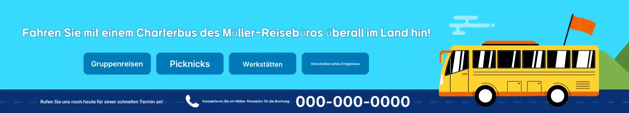 Anzeige für eine Charterbusreservierung in Babyblau und Marineblau