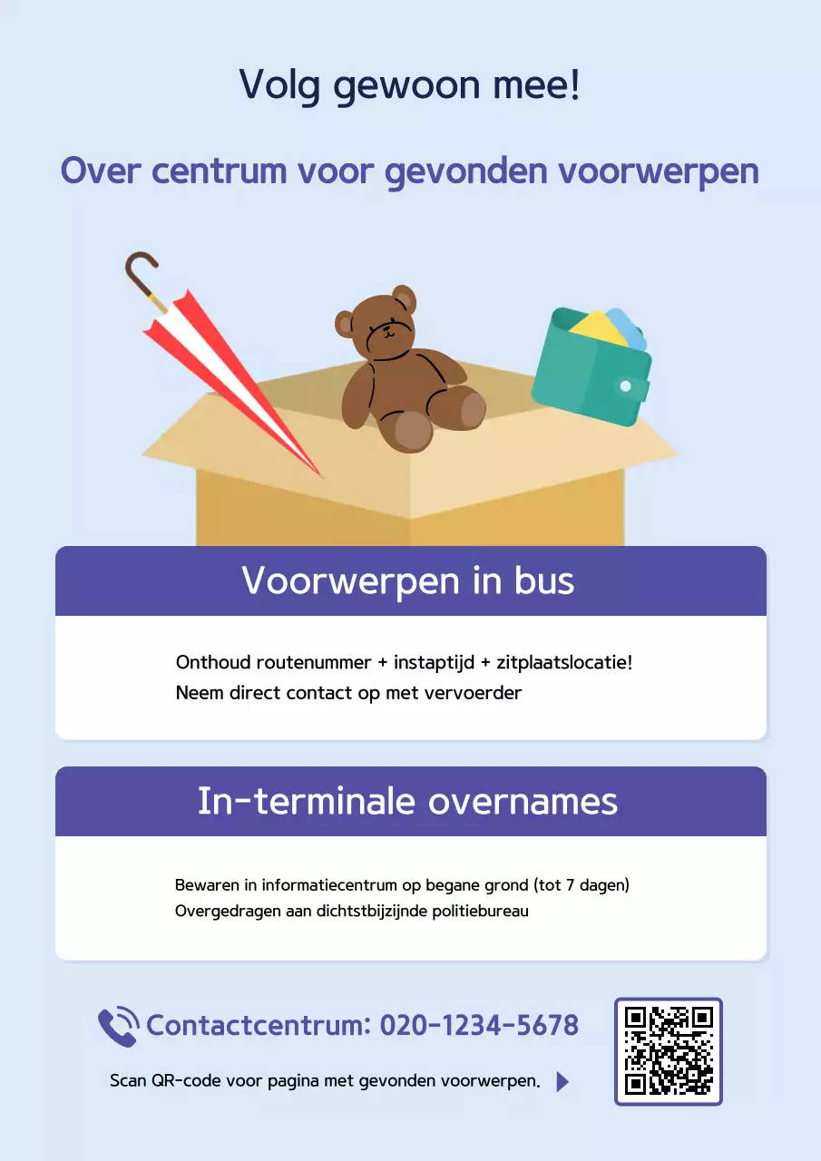 Een eenvoudige gids voor verloren voorwerpen in een intercitybusterminal in blauw en marineblauw