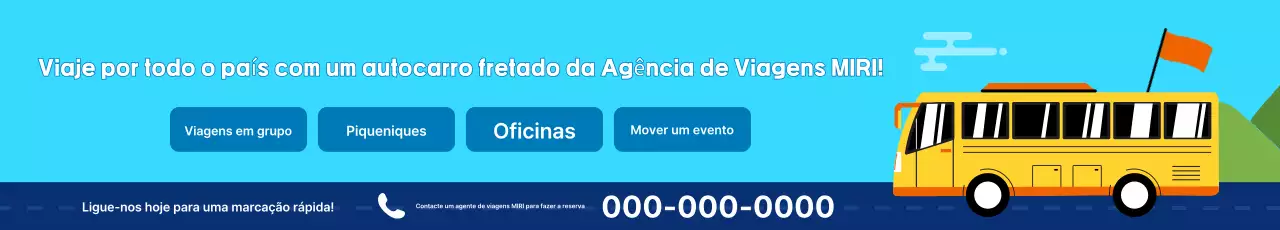 Anúncio de reserva de ônibus fretado azul-bebê e azul-marinho